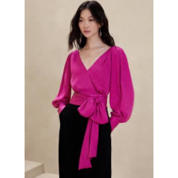 Banana Republic Factory Cropped Wrap Blouse Size 6 Dragon Fruit Pink LongSleeve - Picture 1 of 11